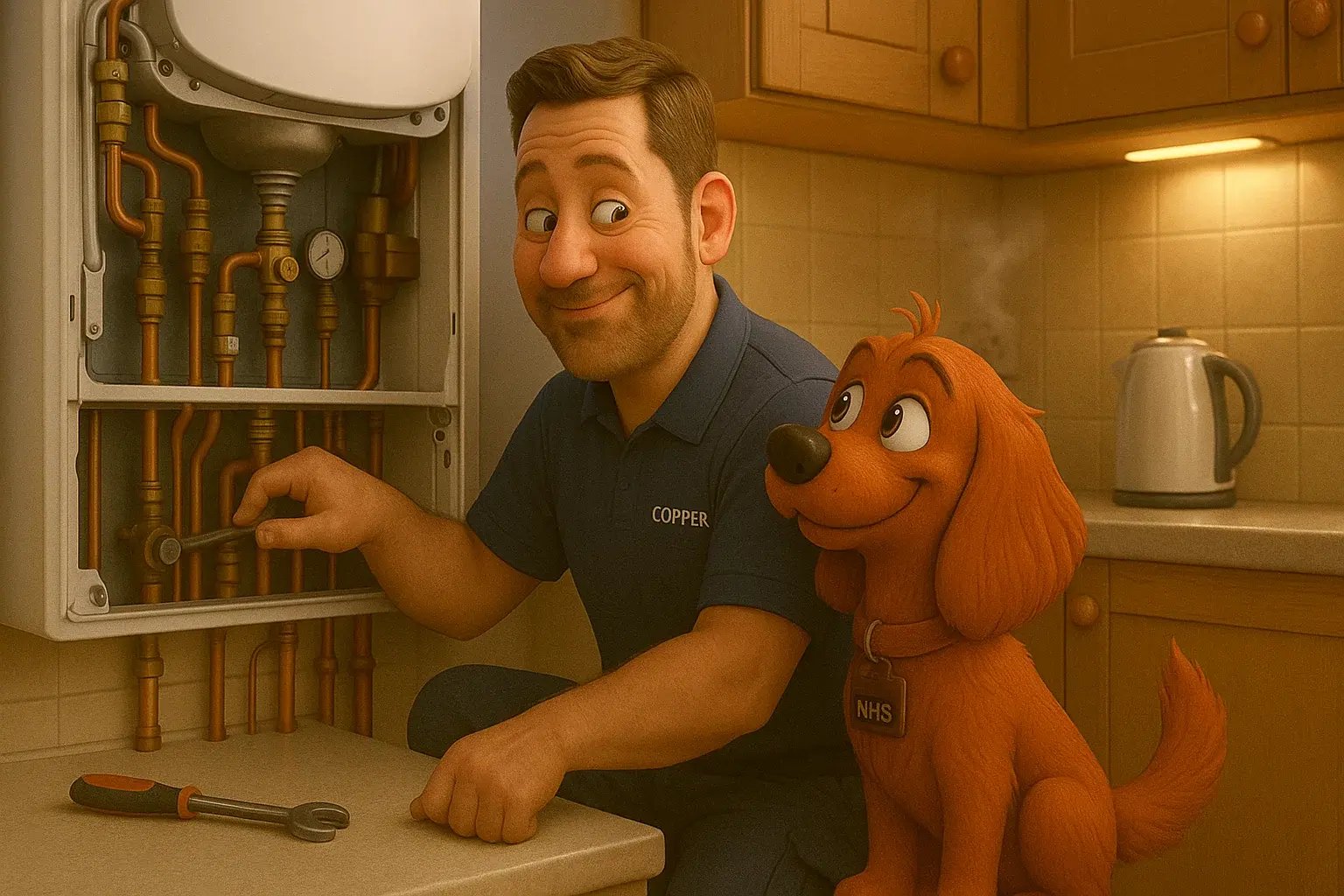 Cartoon heating engineer repairing boiler pipes in Newcastle upon Tyne with friendly dog mascot watching