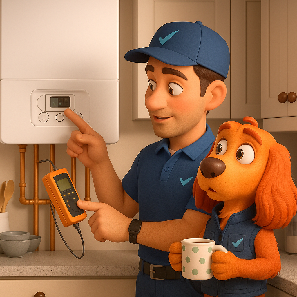 heating engineer showing boiler controls during service in Newcastle upon Tyne with friendly mascot